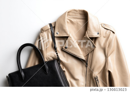 Beige leather jacket with zippers and pockets and black leather stylish bag. Modern outerwear. Close-up. Fashion background. Autumn urban street clothes. Fashionable concept. Women's casual day outfit Beige leather jacket with zippers and pockets and black leather stylish bag. Modern outerwear. Close-up. Fashion background. Autumn urban street clothes. Fashionable concept. Women's casual day outfit 130813023