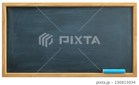 Classic black chalkboard in a wooden frame against a bright white backdrop. Close-up of a blank blackboard. Horizontal black board or wall texture background. School Chalk black board with blue eraser 130813034