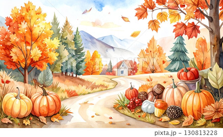 秋の田舎風景・カボチャとコテージの水彩画 130813228