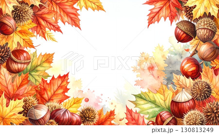 栗と秋の落ち葉の水彩フレーム 栗と秋の落ち葉の水彩フレーム 130813249