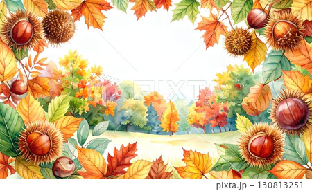 栗と秋の森のフレームイラスト 130813251