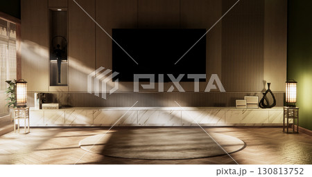 Cabinet wooden japanese design on living room zen style empty wall background.3D rendering Cabinet wooden japanese design on living room zen style empty wall background.3D rendering 130813752