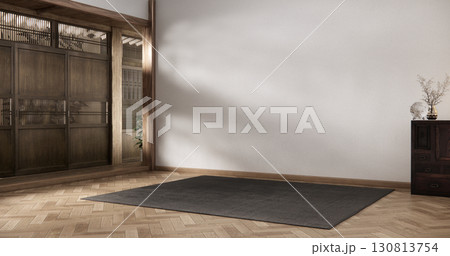 Cabinet wooden japanese design on living room zen style empty wall background.3D rendering Cabinet wooden japanese design on living room zen style empty wall background.3D rendering 130813754