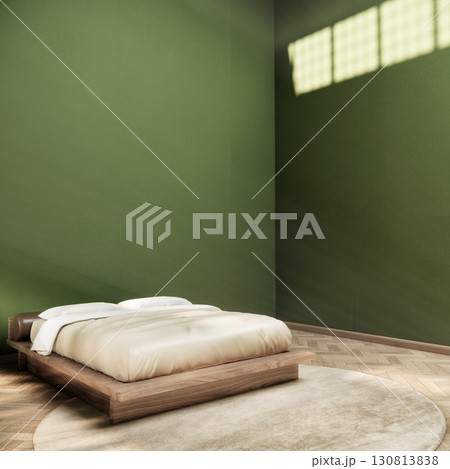 green design on bed room japanese deisgn with wooden floor. 3D rendering green design on bed room japanese deisgn with wooden floor. 3D rendering 130813838