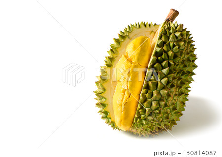 Ripe durian fruit or Durio zibethinus with yellow creamy pulp exposed, isolated on white background. Known as the king of fruits in Southeast Asia. Popular in Thailand, Malaysia, and Indonesia. Ripe durian fruit or Durio zibethinus with yellow creamy pulp exposed, isolated on white background. Known as the king of fruits in Southeast Asia. Popular in Thailand, Malaysia, and Indonesia. 130814087