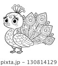 Doodle Vector Illustration of Peacock in Cartoon Style 130814129