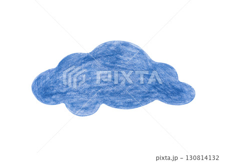 Colored pencil cloud illustration hand drawn. A dark blue cloud is isolated on a white background. Clipart. 130814132