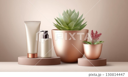 Elegant cosmetic packaging and natural plants on minimalist rose gold podiums 130814447