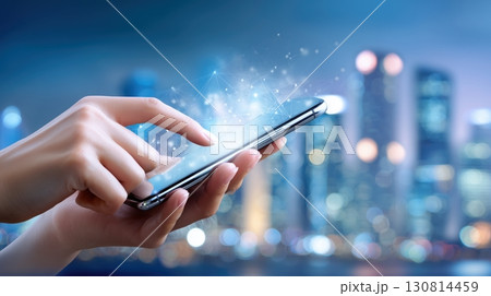 Hand Interacting with Smartphone, Digital Network Connection Over Blurred City Skyline at Night 130814459