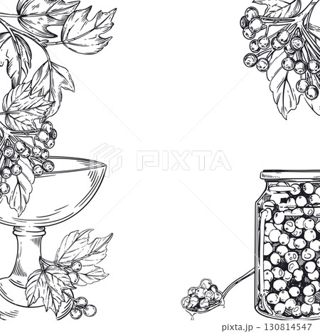 A square frame of berries and viburnum leaves, a jar of jam with viburnum, a spoon with jam and a bowl for jam. All objects are hand-drawn with ink. For printing on food,. Vector illustration A square frame of berries and viburnum leaves, a jar of jam with viburnum, a spoon with jam and a bowl for jam. All objects are hand-drawn with ink. For printing on food,. Vector illustration 130814547