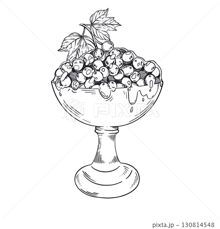 A vase with viburnum jam, all objects are hand-drawn with ink. Vector illustration is suitable for printing on food packaging, menu decoration and shop windows. Vector illustration 130814548