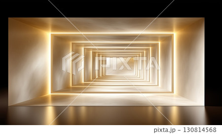 Abstract golden tunnel with glowing light lines, receding geometric squares creating a modern minimalist background 130814568