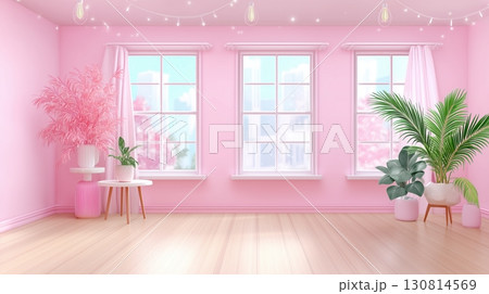 Bright pink interior room with three large windows and potted plants 130814569