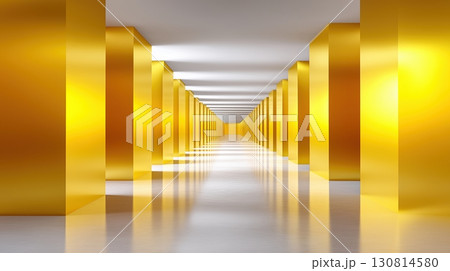 Golden Corridor with Reflective Floor and Pillars 130814580