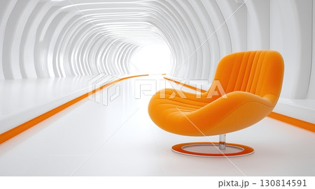 Modern Orange Armchair in Futuristic White Tunnel 130814591