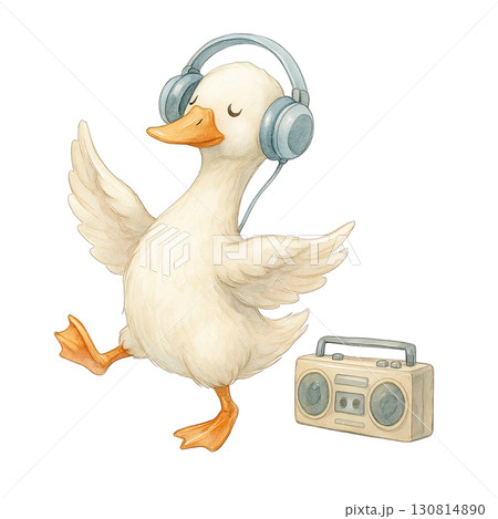 Dancing duck wearing headphones enjoying music with radio 130814890