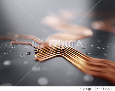 Macro abstract of copper lines on a textured surface with droplets. Evokes themes of connectivity, technology, and networks. Ideal for hitech, science or innovation concepts. 130814901