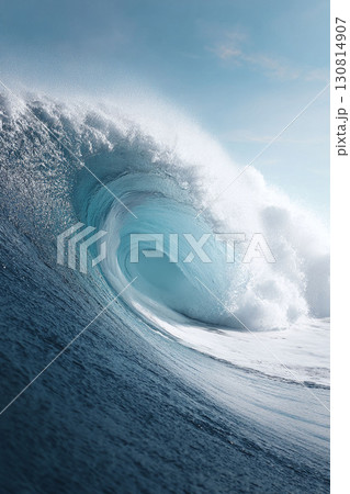 A dynamic ocean wave crests, its turquoise barrel powerfully formed, a metaphor for overcoming challenges, change, and the raw beauty of nature. Use for inspirational content. 130814907