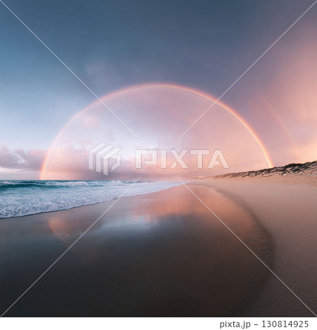 Serene beach scene featuring a vibrant rainbow arching across the sky, reflected in the wet sand. Evokes hope, tranquility, and the beauty of nature. 130814925