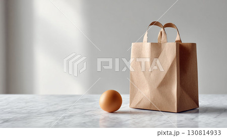Minimalist still life featuring a brown paper bag and a single egg on marble. Clean, neutral tones and natural light. Suitable for food, shopping, or simplicity themes. Minimalist still life featuring a brown paper bag and a single egg on marble. Clean, neutral tones and natural light. Suitable for food, shopping, or simplicity themes. 130814933