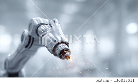 Precision robot arm with sparks, symbolizing automation, innovation, and futuristic technology. Ideal for illustrating Industry 4.0, engineering, or robotic solutions. 130815011