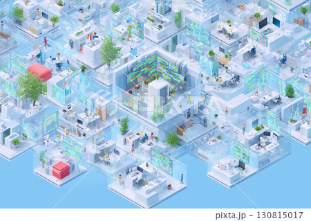Isometric illustration of a modern, interconnected office space with people working. Represents collaboration, technology, innovation, and futuristic workplace concepts. Isometric illustration of a modern, interconnected office space with people working. Represents collaboration, technology, innovation, and futuristic workplace concepts. 130815017