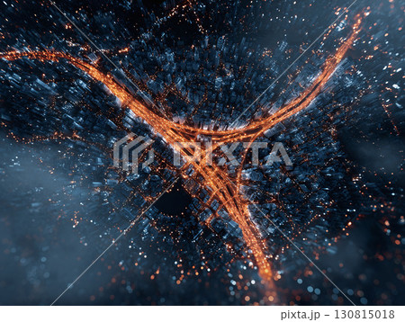 Dramatic aerial view of a glowing cityscape at night. Perfect for illustrating concepts like urban connectivity, technology, futuristic themes, and transportation. 130815018