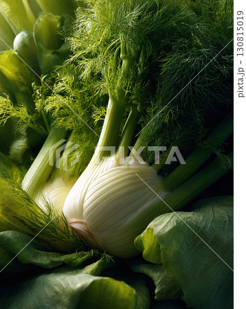 Fresh fennel bulbs with feathery fronds. Emphasizes natural beauty, healthy eating. Ideal for culinary themes, wellness content, and food photography. 130815019