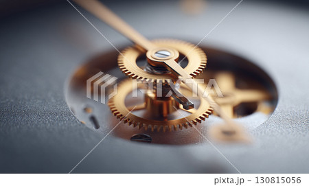 Intricate macro shot showcases the inner workings of a mechanism. Golden gears meshing together, symbolizing precision, timing, and mechanical complexity. 130815056