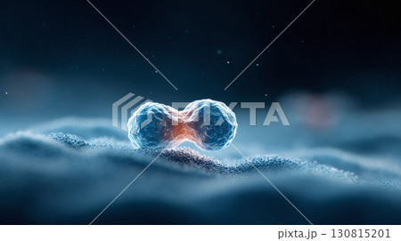 Cell division concept. A microscopic depiction of mitosis, cellular biology. Illustrative of growth, science, medicine, research. Deep blue and orange hues. 130815201