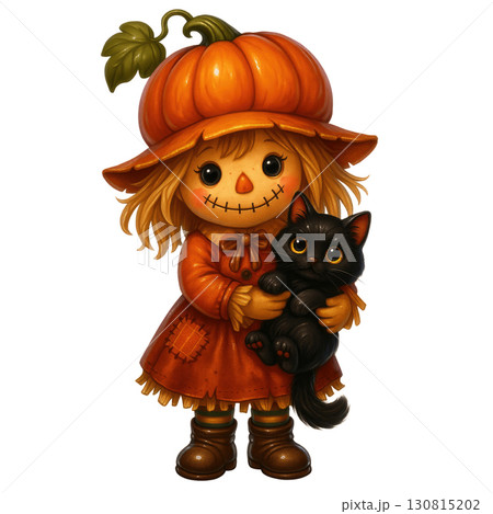 Cute scarecrow girl holding black cat with pumpkin hat 130815202