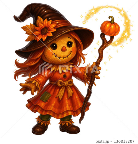 Scarecrow witch doll with pumpkin staff and autumn flower hat 130815207
