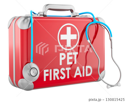 Pet First Aid Kit concept with red first aid kit and stethoscope, 3D rendering 130815425
