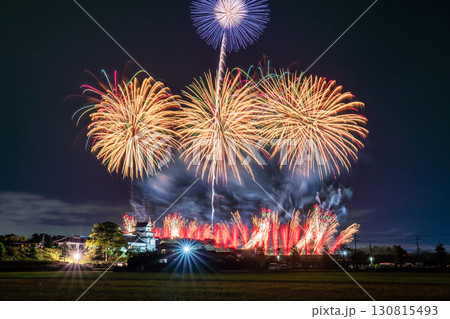 《千葉県》利根川花火大会と関宿城・千葉県野田市側から撮影 130815493