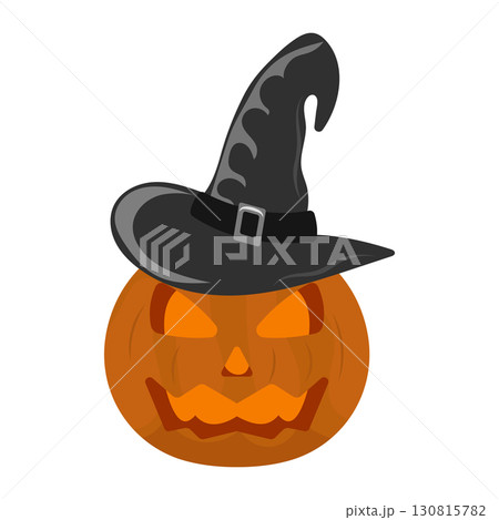 Halloween Pumpkin with Witch Hat. Vector Illustration. A carved Halloween pumpkin wearing a classic black witch hat with a silver buckle. Perfect for seasonal designs. Halloween Pumpkin with Witch Hat. Vector Illustration. A carved Halloween pumpkin wearing a classic black witch hat with a silver buckle. Perfect for seasonal designs. 130815782