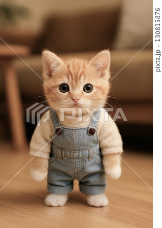 オーバーオールを着ている茶トラの子猫 130815876