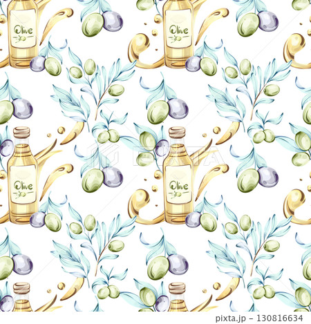 Olives and olive oil seamless pattern background wallpaper showcasing Italian cuisine nature and nutrition in vibrant watercolor style 130816634