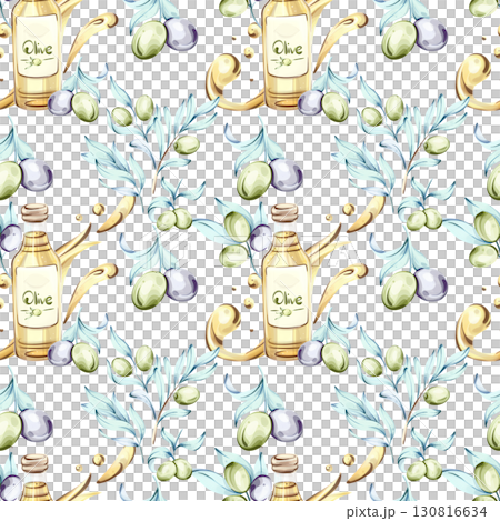 Olives and olive oil seamless pattern background wallpaper showcasing Italian cuisine nature and nutrition in vibrant watercolor style 130816634