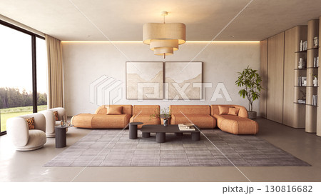 Contemporary lounge with orange sofa and large windows 130816682