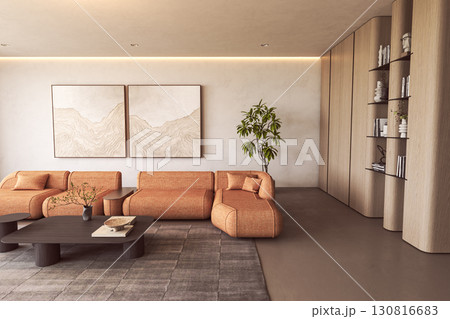 Earth-toned lounge with modern art and shelving 130816683