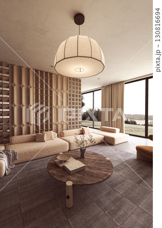 Elegant neutral living room with large pendant light 130816694