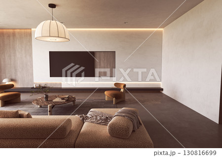 Minimalist living room with built-in TV wall 130816699