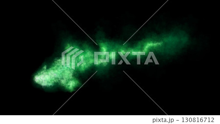 Thick green exhaust smoke cloud trail isolated from aircraft or vehicle with combustion engine 130816712