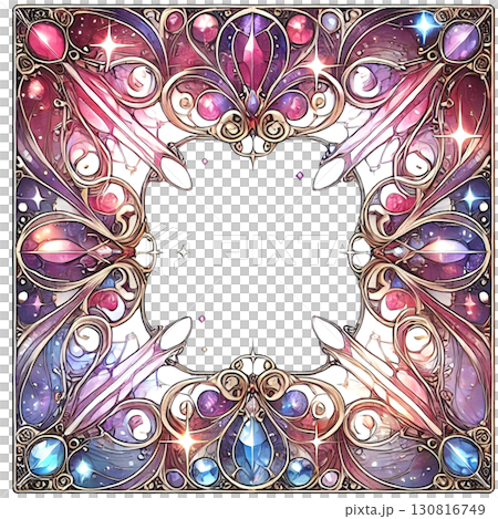 Stained glass frame illustration with sparkling jewel motif 130816749