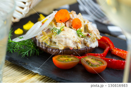 Chicken salad on eggplant with pepper Chicken salad on eggplant with pepper 130816983