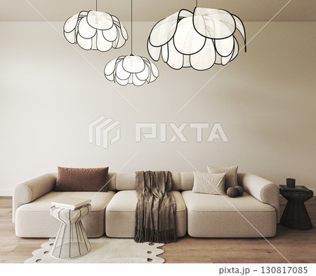Modern minimalist living room with unique pendant lighting and chic, cozy space with stylish decor 130817085