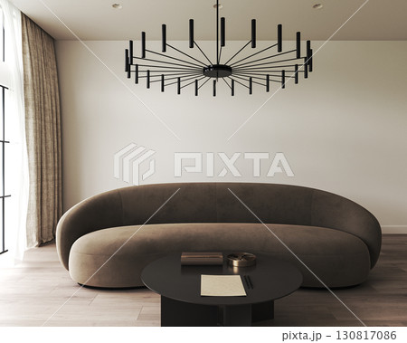 Modern minimalist living room with stylish lighting and comfortable sofa, creating chic atmosphere Modern minimalist living room with stylish lighting and comfortable sofa, creating chic atmosphere 130817086