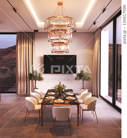 Elegant and modern dining room featuring a beautiful chandelier and scenic view, 3d rendering 130817090
