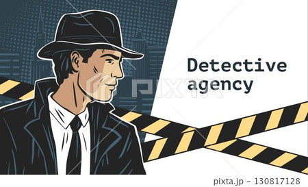 Detective man in retro hat on noir city banner 130817128
