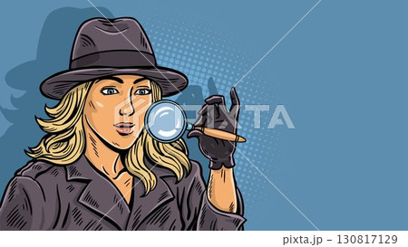 Woman detective with magnifying glass banner Woman detective with magnifying glass banner 130817129